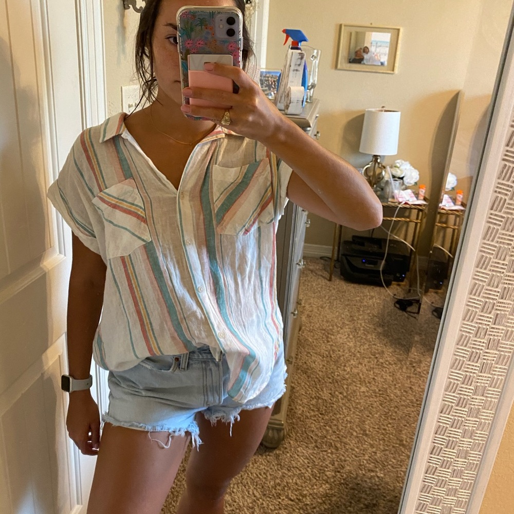 Striped button up short sleeve blouse